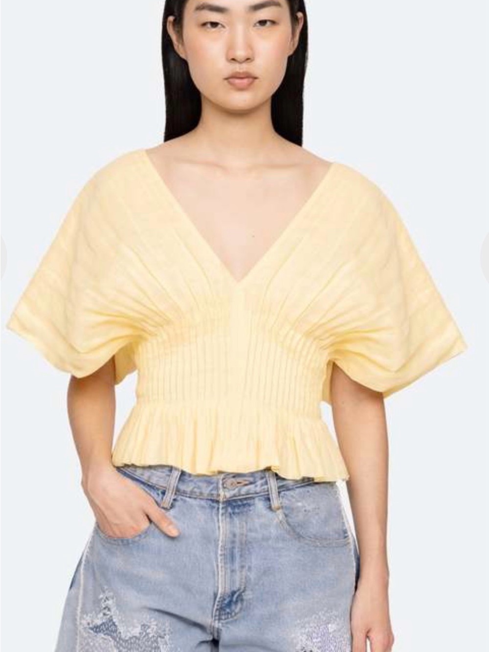 SEA NEW YORK ZORA TOP: Smocked V-Neck Flutter Sleeve Blouse in Light Yellow